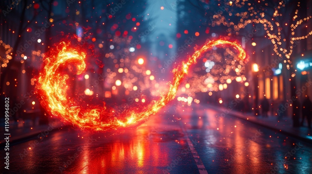 Fototapeta premium Glowing Fire Snake in a Holiday Cityscape. Generative AI