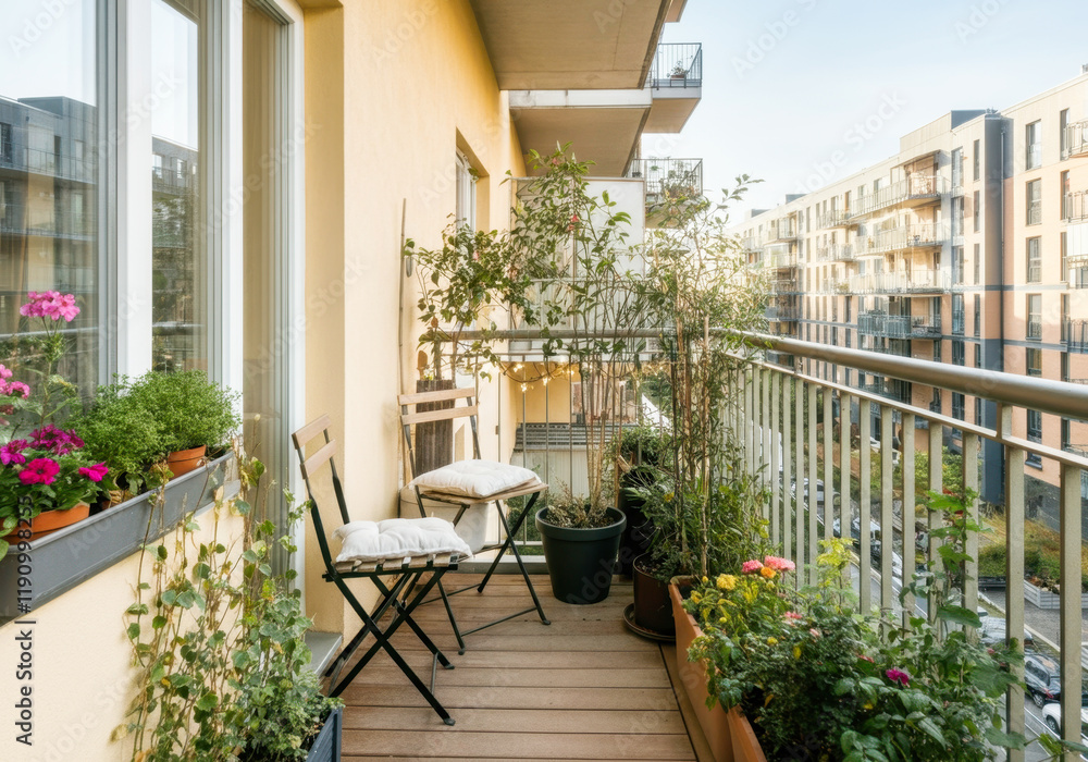 Fototapeta premium Cozy urban balcony with lush plants and wooden furniture in a modern apartment building