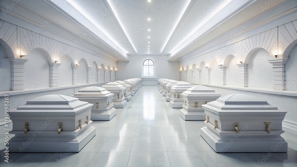 Obraz premium Rows of Pristine White Caskets in a Silent, Well-Lit Mortuary Chapel