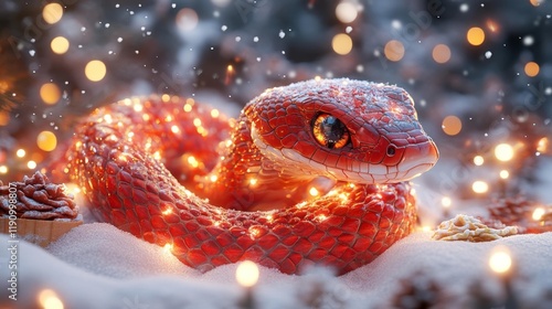 Glowing Fire Snake in Winter Wonderland. Generative AI photo