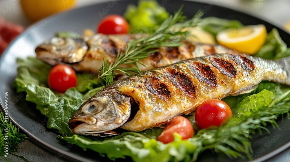 Grilled fish on black plate on white background Grilled fish on black plate on white background