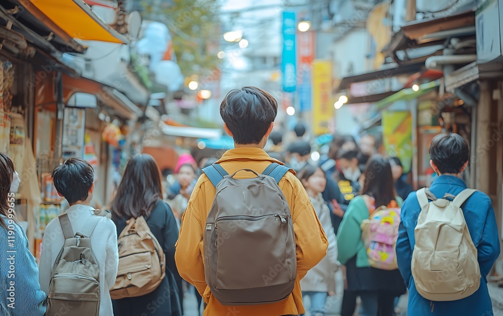 Obraz premium Tourist explores crowded market street in Japan