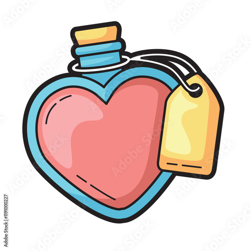 Perfume in heart shaped bottle with tag perfect for Valentine's Day. Ideas for Valentine's Day, love, fragrance, beauty concepts