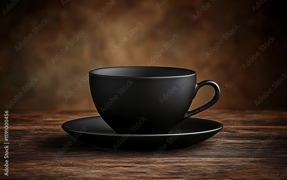 Obraz premium Black coffee cup on wooden table with dark background