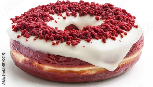 A red velvet donut with white frosting and red velvet crumbles on top. photo
