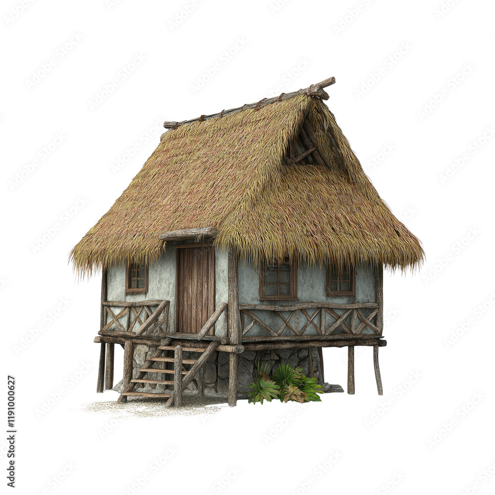 Rustic Thatch-Roofed Hut on Stilts - Tropical Island Cottage Rustic Thatch-Roofed Hut on Stilts - Tropical Island Cottage