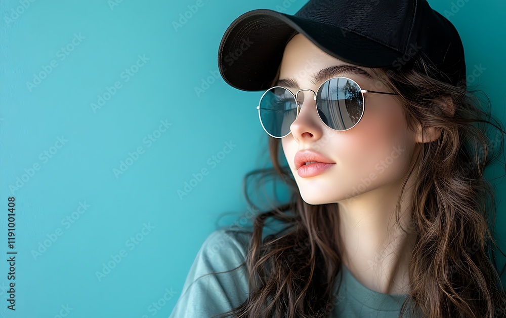 custom made wallpaper toronto digitalWoman in cap and sunglasses looking away against turquoise wall