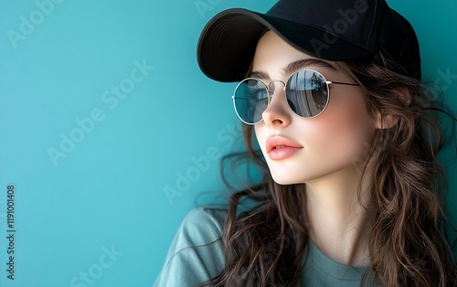 Wallpaper Mural Woman in cap and sunglasses looking away against turquoise wall Torontodigital.ca
