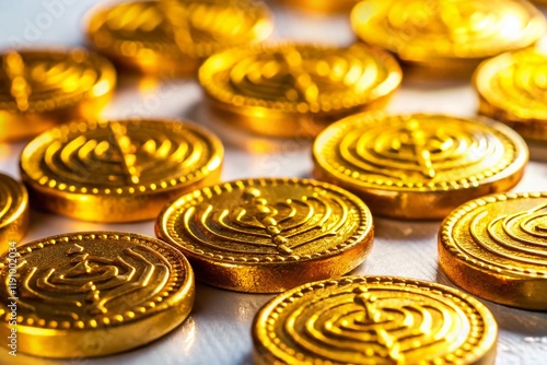 Macro Photo: Gleaming Hanukkah Gelt Coins Scattered on a Bright Surface photo