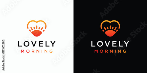 Sunrise silhouette vector logo design in heart shape with modern, simple, clean and abstract style. Icon for business, environment, outdoor and personal branding.