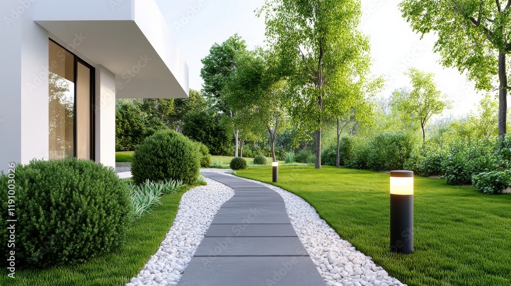 Fototapeta premium A quiet garden scene with a stone and gravel path, surrounded by bright green bushes and intricate grass patterns, softly lit under the soft autumn sunlight, with a villa in the background.