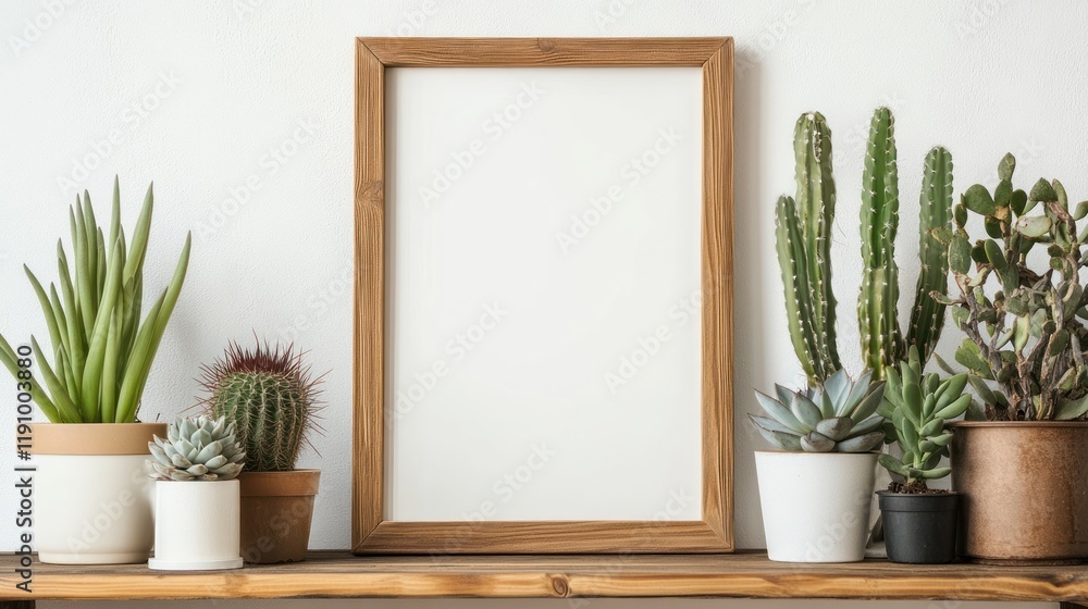 Fototapeta premium Wooden Frame Mockup with Succulents and Cacti