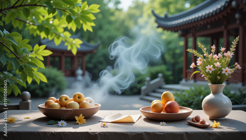 Fototapeta premium Serene shrine scene during Qingming Festival with incense, fruits, and flowers on stone altar