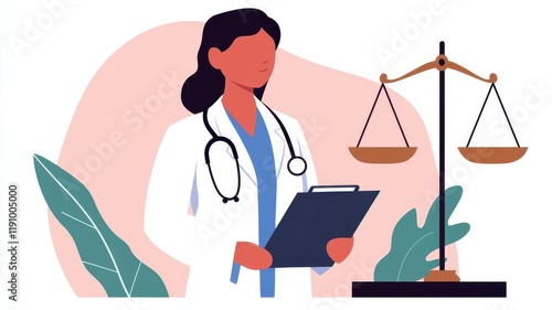 Doctor looking at medical files, with scales of justice in the background, focusing on patient rights and healthcare laws