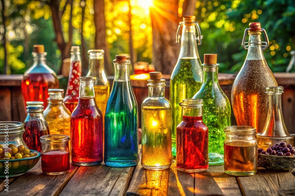Rustic Still Life: Colorful Bottles & Jars, Detailed Landscape Photography Rustic Still Life: Colorful Bottles & Jars, Detailed Landscape Photography