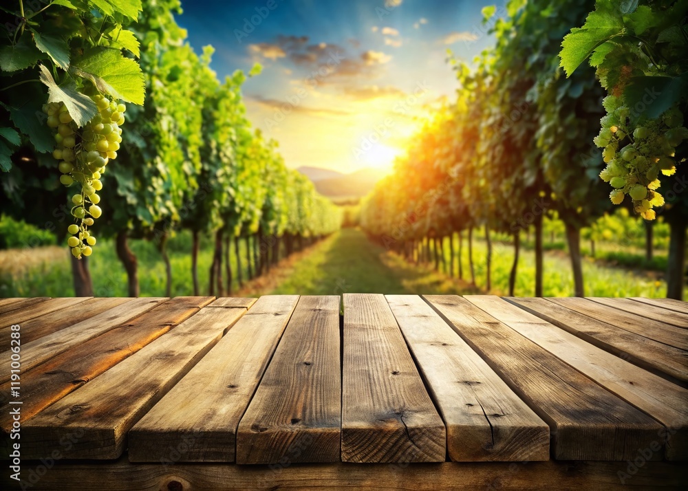 Rustic Vineyard Table: Lush Grapevines & Spacious Wooden Table in Picturesque Landscape Rustic Vineyard Table: Lush Grapevines & Spacious Wooden Table in Picturesque Landscape