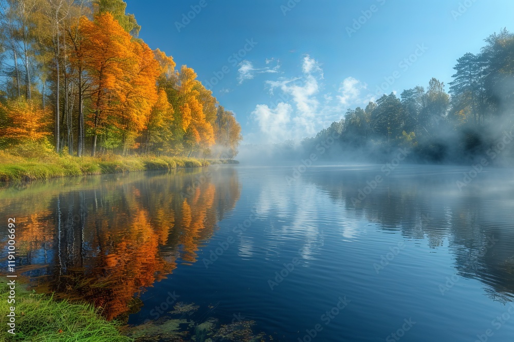 Serene winter landscape along the riverbank showcasing nature s tranquility and beauty Serene winter landscape along the riverbank showcasing nature s tranquility and beauty