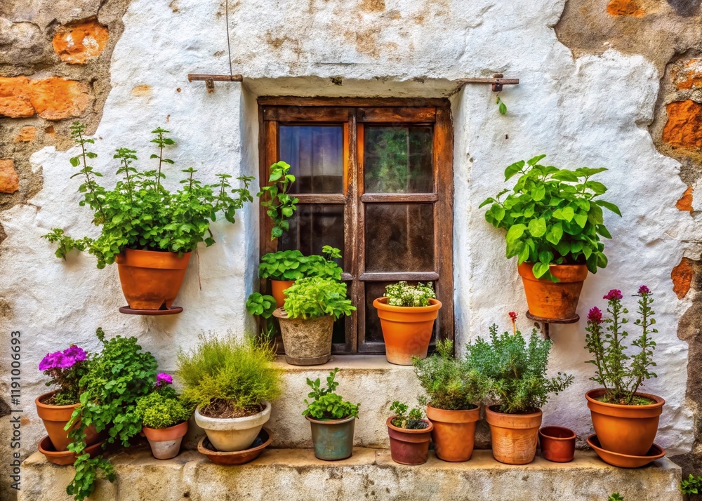 Naklejka premium Rustic White Wall, Wooden Window, Flower Pots - Charming Cottage Scene