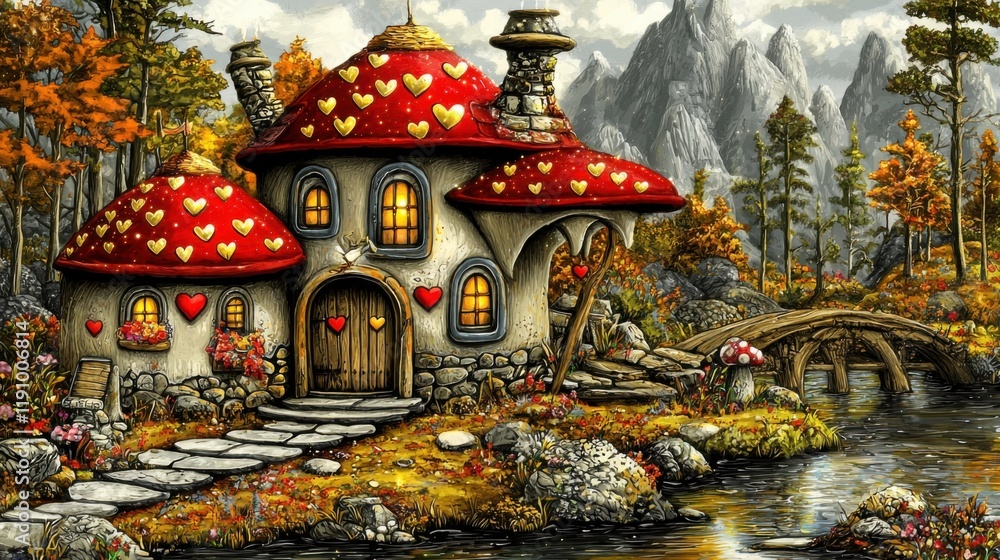 Fototapeta premium Charming fairytale cottage surrounded by autumn landscape fantasy art tranquil scenery enchanted setting