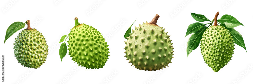 Green Soursop Variety Display, Tropical Fruits with Leaves, White Background Isolated on white background or PNG