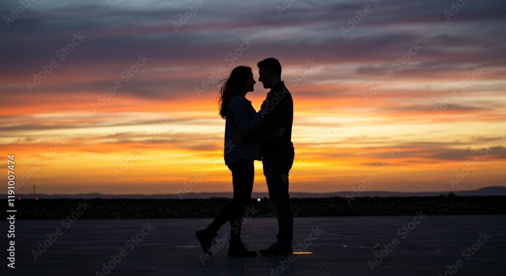 Love's Golden Hour: A romantic silhouette of a couple embracing, their figures set against a breathtaking sunset ablaze with fiery hues, embodying love and togetherness. Love's Golden Hour: A romantic silhouette of a couple embracing, their figures set against a breathtaking sunset ablaze with fiery hues, embodying love and togetherness.
