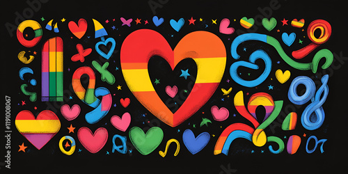 Rainbow Heart Celebration: A vibrant and playful illustration featuring a large rainbow heart as the centerpiece, surrounded by smaller hearts, abstract shapes. photo