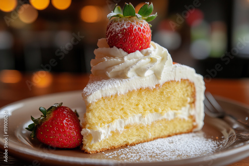 Slice of tres leches cake topped with dollop of whipped cream, fresh strawberry close up detail served on plate. photo