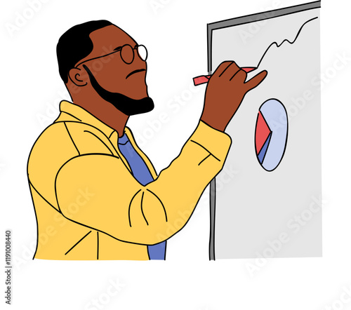 Businessman writing on whiteboard. Bearded man in glasses taking in Meeting, brainstorming, seminar, business activities. Vector colored line art illustration isolated