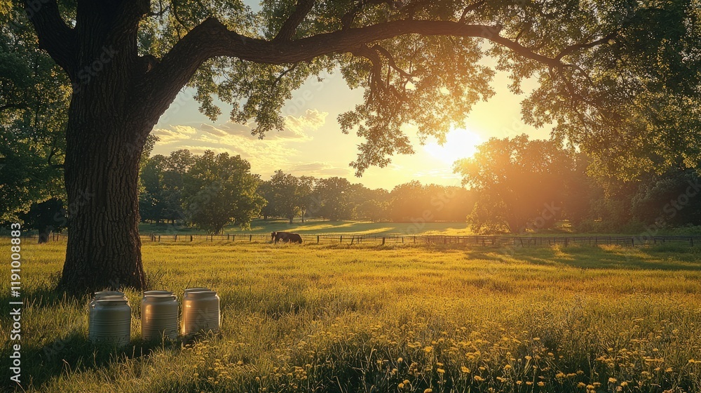 Sunset pasture, tree, milk cans, grazing cow. Sunset pasture, tree, milk cans, grazing cow.