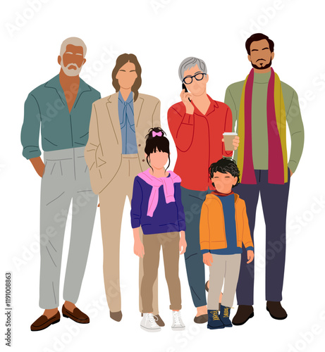 Big happy family vector realistic illustration isolated on white background. Children, mother, father, grandfather and grandmother. Parents, grandparents, grandchildren, brother standing together.