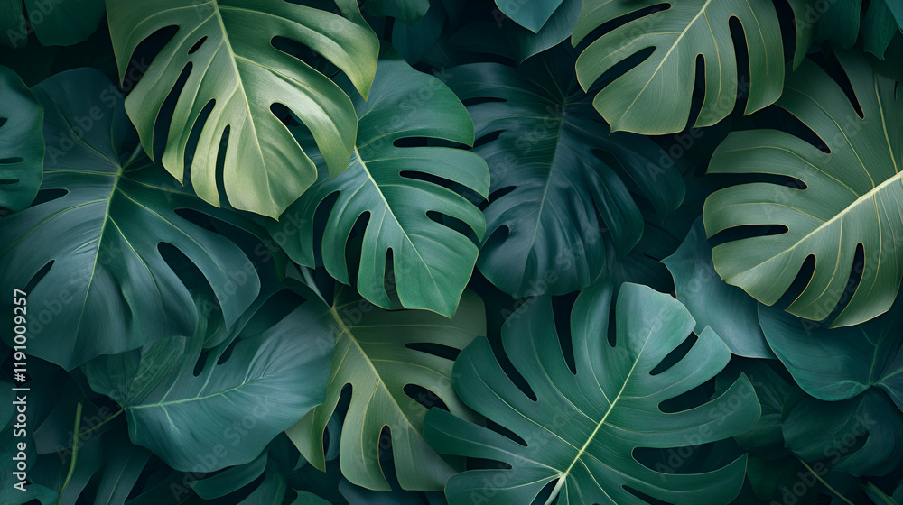 custom made wallpaper toronto digitalTropical Leaf Texture: A captivating close-up of lush, vibrant green monstera leaves creates a mesmerizing pattern of nature's intricate beauty.