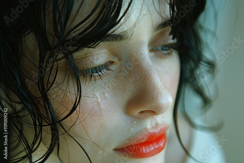 Emotional young woman with unkempt hair and smudged makeup expresses heartfelt tears photo