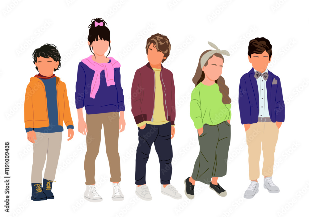 Obraz premium Set of different Kids flat vector realistic illustrations isolated. Group of children in modern casual clothing. Modern elementary, middle school students, kindergarten pupils cartoon characters