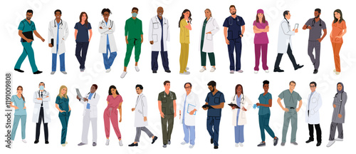 Bundle of standing, walking doctors, nurses, paramedics. Different male, female medic workers in uniform scrubs and white coats, with stethoscopes. Vector illustration