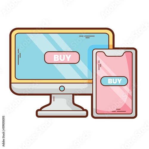 Ecommerce concept with devices encouraging online purchasing. Suitable for websites, online ads, technology blogs, and digital marketing materials