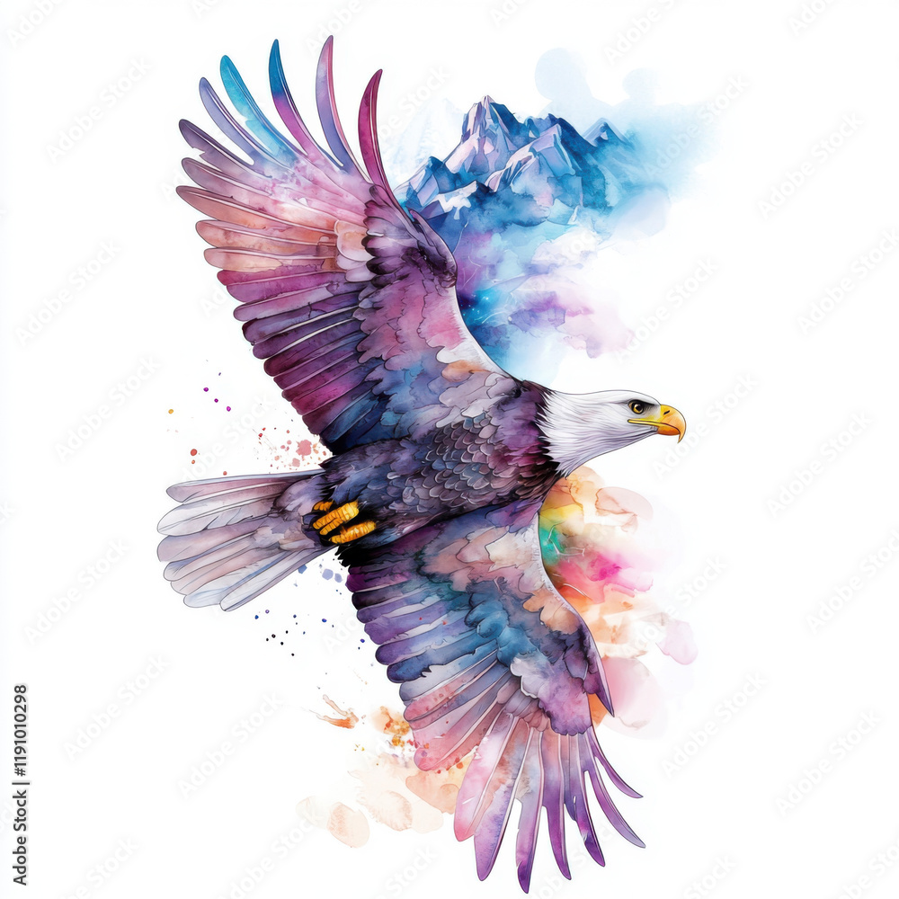 Obraz premium Majestic eagle soaring above colorful mountains with vibrant wings