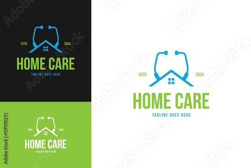 Stethoscope and roof logo design for medical home care template vctor illustration