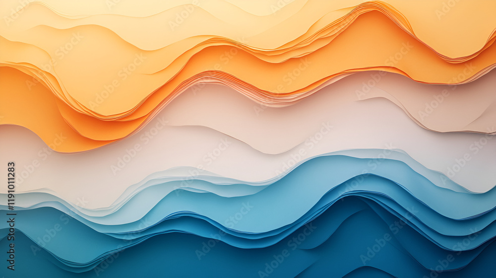 Fototapeta premium Abstract Waves: Soothing layered abstract art of calming blue and orange hues, evoking a sense of tranquility and fluidity. The design is perfect for backgrounds, websites.