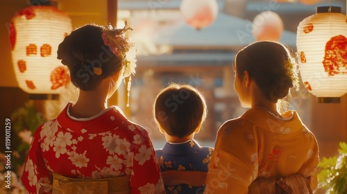 Japanese family wearing traditional attire, celebrating Shogatsu with decorations. photo