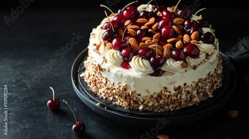 Delicious Black Forest Cake with Cherries and Almonds photo