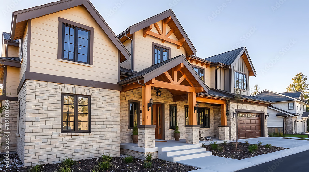 Obraz premium Luxury Modern Home Exterior: Stone and Wood Architectural Design