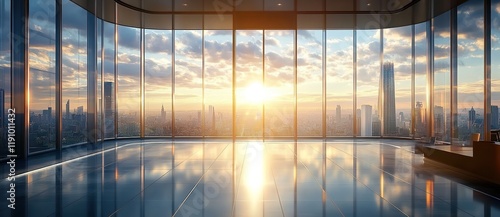 Wallpaper Mural The floor of the high-rise building is covered with glass, overlooking city buildings and sky in the sunlight. Torontodigital.ca