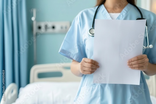 Nurse holding legal papers next to a patient in a hospital bed, showcasing the legal documentation needed in medical treatment