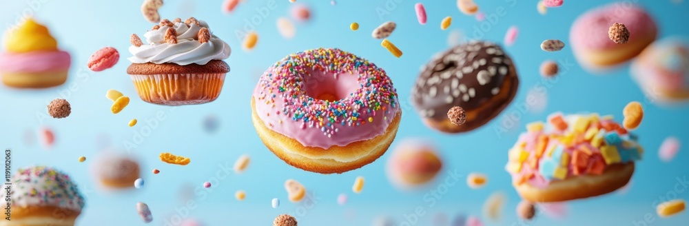 Colorful Floating Donuts and Cupcakes Surrounded by Sweet Treats on a Bright Background, Perfect for Food Lovers and Dessert Enthusiasts Colorful Floating Donuts and Cupcakes Surrounded by Sweet Treats on a Bright Background, Perfect for Food Lovers and Dessert Enthusiasts