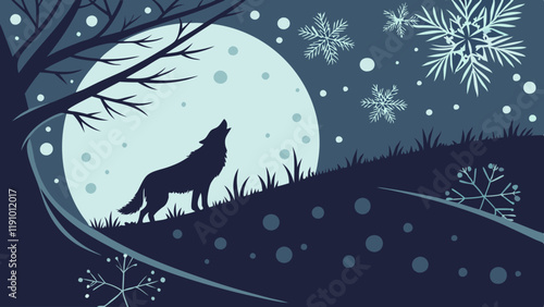 Howling wolf silhouette against a full moon with snowflakes in a winter night background with copy space