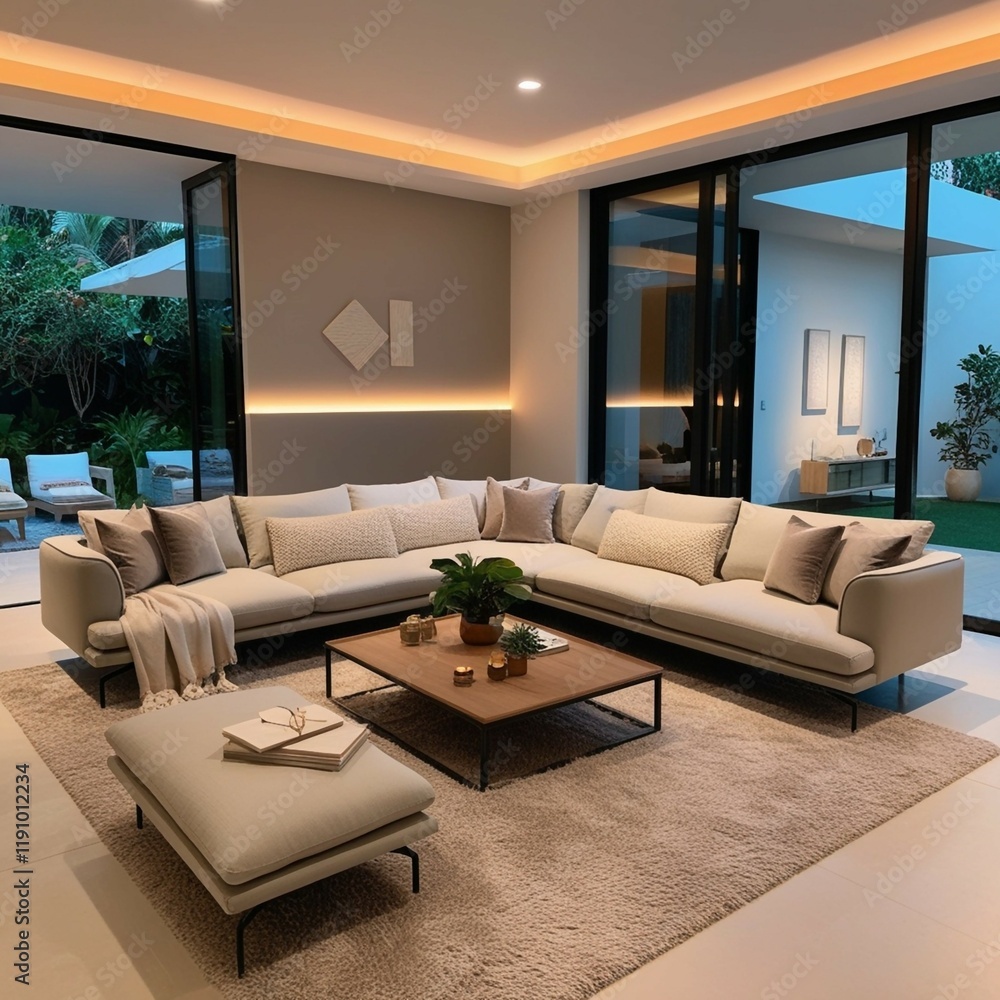 A modern and elegant living room interior with a sleek L-shaped sofa in neutral tones, complemented by soft, textured cushions. The space features warm ambient lighting, including a glowing LED strip A modern and elegant living room interior with a sleek L-shaped sofa in neutral tones, complemented by soft, textured cushions. The space features warm ambient lighting, including a glowing LED strip