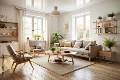 Scandinavian Minimalist Living Room Interior Design - Neutral Palette Tilt-Shift Photography