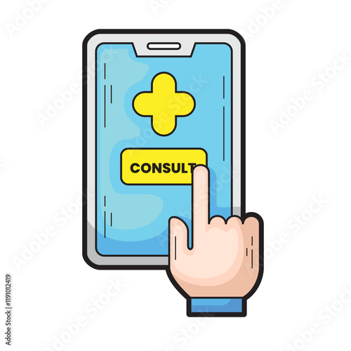 Hand tapping phone screen with plus symbol and consult button, suitable for digital communication, technology, consulting, and online services concept