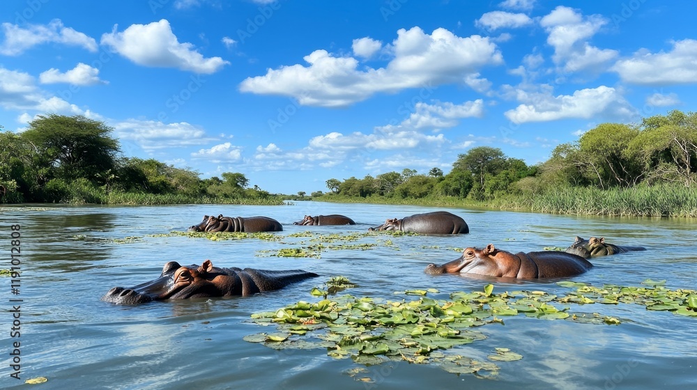 Fototapeta premium Hippos Relaxing in a Scenic African River