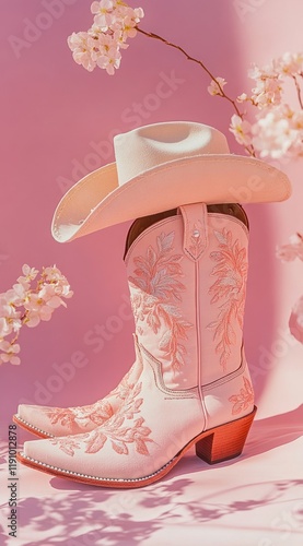 Pink embroidered boots, hat, blossoms, studio, spring fashion